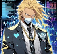 an anime character in a suit and tie standing in front of a stock market