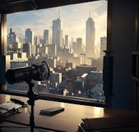 a desk with a camera and a view of a city