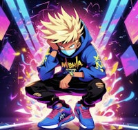 a cartoon character in a blue hoodie sitting on the ground