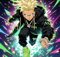 an anime character with blonde hair and green neon lights