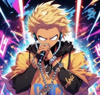 an anime character with blonde hair and a microphone