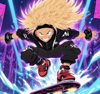 a girl with long blonde hair riding a skateboard